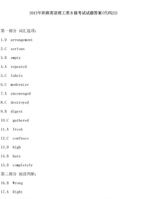 2012年职称英语理工类B级考试标准答案(代码22)